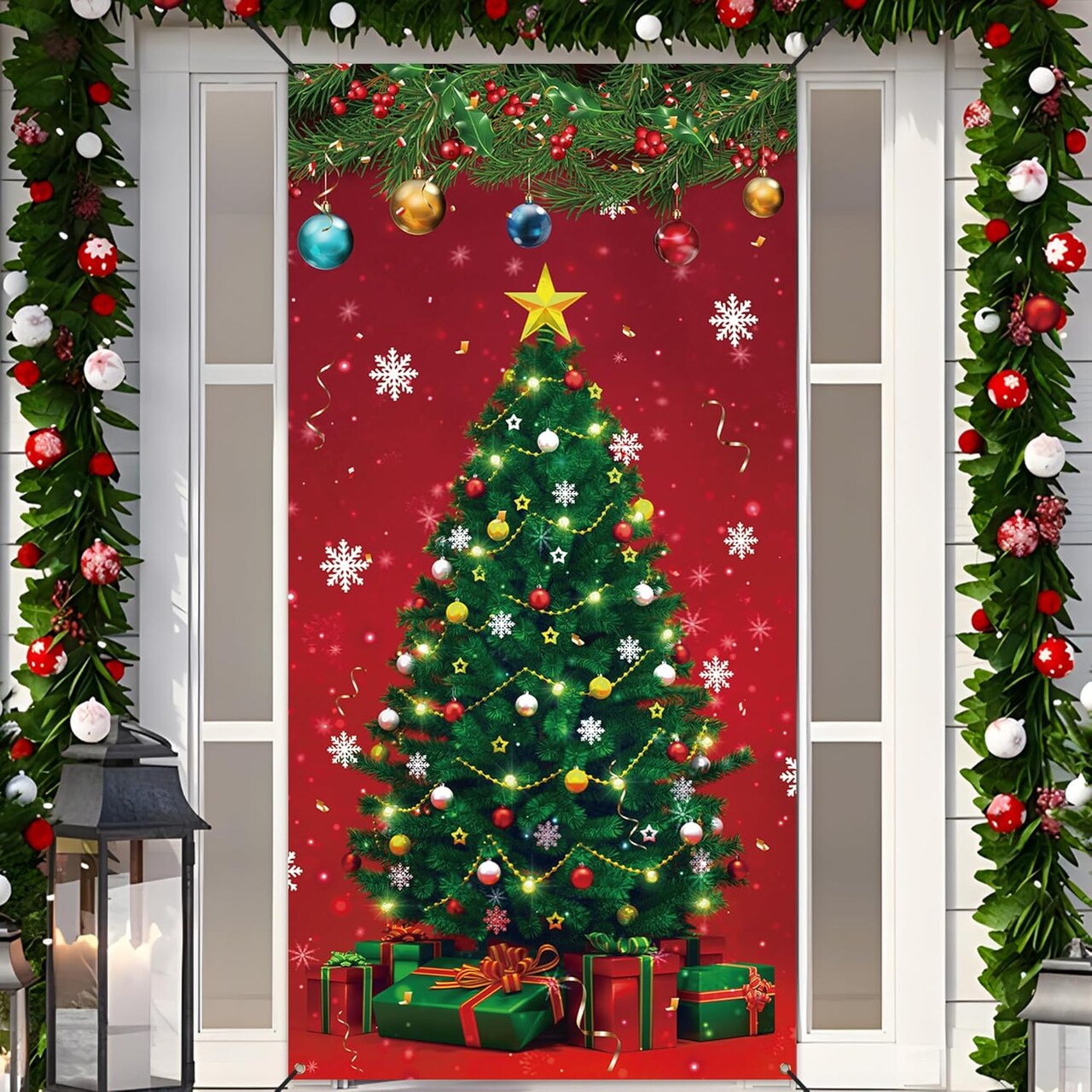 Christmas Front Door Cover Xmas Tree Door Cover Banner Merry Christmas Door,70.9 x 35.4 Inch(Multicolor)